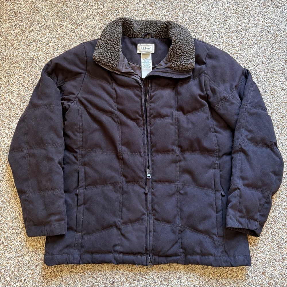 L.L. Bean Faux Suede Quilted Goose DownPuffer Coat Shearling Collar BR Sz L VTG